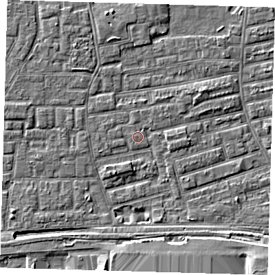 Shaded relief map of the ground around E163NW, computed from Environment Agency LiDAR. The ground here sits at about 2 m above sea level and falls 10 m across the surrounding 800 m. The ground contributing surface water to this point lies to the west-north-west.