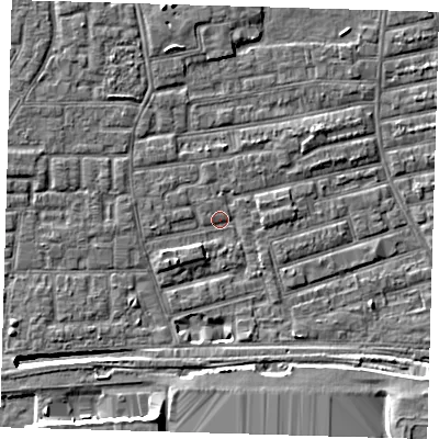 Shaded relief map of the ground around E163NZ, computed from Environment Agency LiDAR. The ground here sits at about 1 m above sea level and falls 11 m across the surrounding 800 m. Surface water reaching this point runs off ground lying to the south-west, 1.3 m higher.