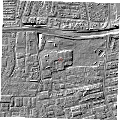 Shaded relief map of the ground around E163PB, computed from Environment Agency LiDAR. The ground here sits at about 2 m above sea level and falls 10 m across the surrounding 800 m. Surface water reaching this point runs off ground lying to the west, 0.7 m higher.
