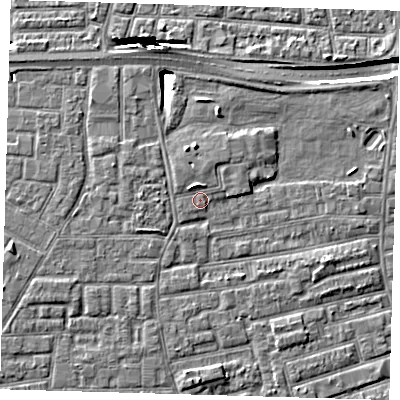 Shaded relief map of the ground around E163PF, computed from Environment Agency LiDAR. The ground here sits at about 2 m above sea level and falls 10 m across the surrounding 800 m. Surface water reaching this point runs off ground lying to the north, 1.3 m higher.