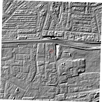 Shaded relief map of the ground around E163PG, computed from Environment Agency LiDAR. The ground here sits at about 2 m above sea level and falls 10 m across the surrounding 800 m. Surface water reaching this point runs off ground lying to the west, 0.6 m higher.