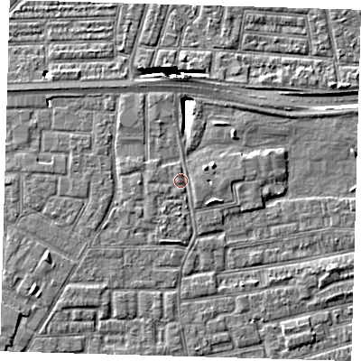 Shaded relief map of the ground around E163PP, computed from Environment Agency LiDAR. The ground here sits at about 2 m above sea level and falls 10 m across the surrounding 800 m. Surface water reaching this point runs off ground lying to the west-north-west, 0.8 m higher.