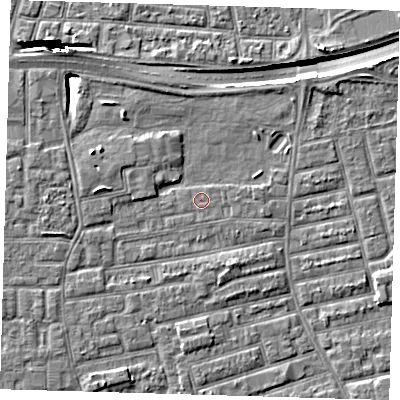 Shaded relief map of the ground around E163PS, computed from Environment Agency LiDAR. The ground here sits at about 1 m above sea level and falls 10 m across the surrounding 800 m. Surface water reaching this point runs off ground lying to the north-east, 2.1 m higher.