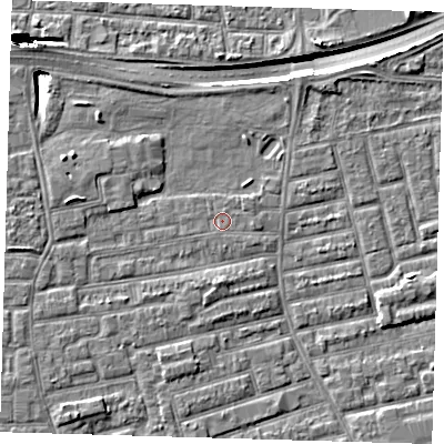 Shaded relief map of the ground around E163PT, computed from Environment Agency LiDAR. The ground here sits at about 1 m above sea level and falls 10 m across the surrounding 800 m. Surface water reaching this point runs off ground lying to the east-north-east, 0.6 m higher.