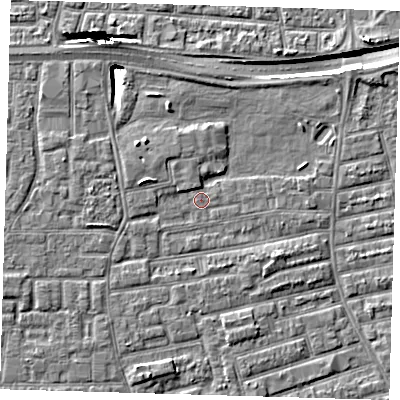 Shaded relief map of the ground around E163PX, computed from Environment Agency LiDAR. The ground here sits at about 2 m above sea level and falls 10 m across the surrounding 800 m. Surface water reaching this point runs off ground lying to the west-north-west, 2.0 m higher.