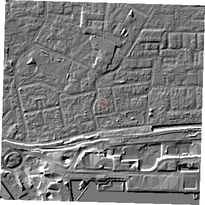 Shaded relief map of the ground around E163QA, computed from Environment Agency LiDAR. The ground here sits at about 2 m above sea level and falls 12 m across the surrounding 800 m. Surface water reaching this point runs off ground lying to the north-north-east, 1.8 m higher.