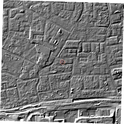 Shaded relief map of the ground around E163QD, computed from Environment Agency LiDAR. The ground here sits at about 2 m above sea level and falls 11 m across the surrounding 800 m. Surface water reaching this point runs off ground lying to the south-east, 0.6 m higher.