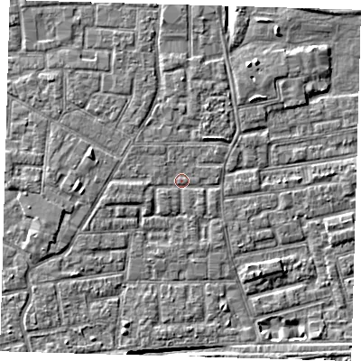 Shaded relief map of the ground around E163QH, computed from Environment Agency LiDAR. The ground here sits at about 2 m above sea level and falls 8 m across the surrounding 800 m. Surface water reaching this point runs off ground lying to the west, 0.8 m higher.