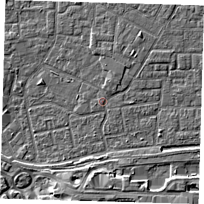 Shaded relief map of the ground around E163QJ, computed from Environment Agency LiDAR. The ground here sits at about 2 m above sea level and falls 11 m across the surrounding 800 m. Surface water reaching this point runs off ground lying to the north-north-east, 1.8 m higher.