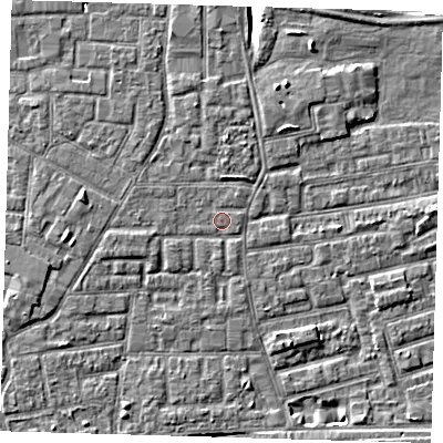 Shaded relief map of the ground around E163QL, computed from Environment Agency LiDAR. The ground here sits at about 2 m above sea level and falls 8 m across the surrounding 800 m. Surface water reaching this point runs off ground lying to the west, 1.0 m higher.