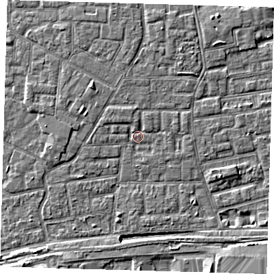 Shaded relief map of the ground around E163QN, computed from Environment Agency LiDAR. The ground here sits at about 2 m above sea level and falls 10 m across the surrounding 800 m. Surface water reaching this point runs off ground lying to the north-west, 1.3 m higher.
