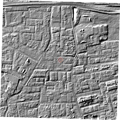 Shaded relief map of the ground around E163QS, computed from Environment Agency LiDAR. The ground here sits at about 2 m above sea level and falls 9 m across the surrounding 800 m. Surface water reaching this point runs off ground lying to the north-north-east, 1.1 m higher.