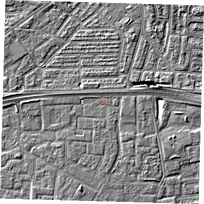 Shaded relief map of the ground around E163QU, computed from Environment Agency LiDAR. The ground here sits at about 2 m above sea level and falls 10 m across the surrounding 800 m. Surface water reaching this point runs off ground lying to the south-east, 1.2 m higher.