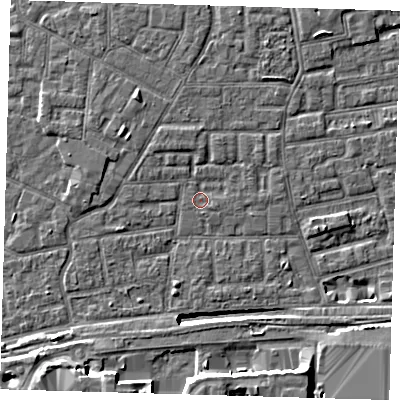 Shaded relief map of the ground around E163QW, computed from Environment Agency LiDAR. The ground here sits at about 2 m above sea level and falls 11 m across the surrounding 800 m. Surface water reaching this point runs off ground lying to the north-north-west, 1.3 m higher.
