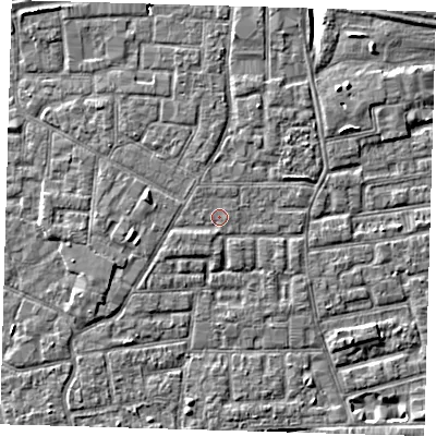 Shaded relief map of the ground around E163RA, computed from Environment Agency LiDAR. The ground here sits at about 2 m above sea level and falls 8 m across the surrounding 800 m. The ground contributing surface water to this point lies to the east-south-east.