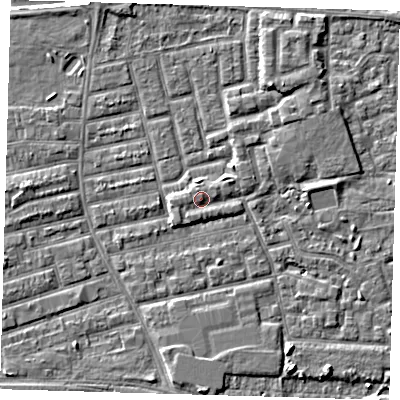 Shaded relief map of the ground around E163RH, computed from Environment Agency LiDAR. The ground here sits at about 3 m above sea level and falls 8 m across the surrounding 800 m. Surface water reaching this point runs off ground lying to the west, 0.9 m higher.