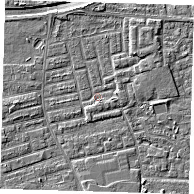 Shaded relief map of the ground around E163RJ, computed from Environment Agency LiDAR. The ground here sits at about 2 m above sea level and falls 9 m across the surrounding 800 m. Surface water reaching this point runs off ground lying to the east-north-east, 2.1 m higher.