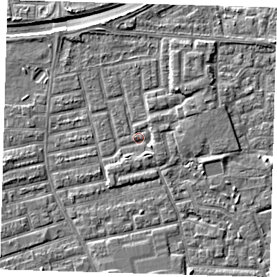 Shaded relief map of the ground around E163RL, computed from Environment Agency LiDAR. The ground here sits at about 2 m above sea level and falls 9 m across the surrounding 800 m. Surface water reaching this point runs off ground lying to the north-east, 1.4 m higher.