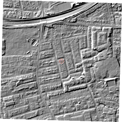 Shaded relief map of the ground around E163RP, computed from Environment Agency LiDAR. The ground here sits at about 2 m above sea level and falls 9 m across the surrounding 800 m. Surface water reaching this point runs off ground lying to the north-north-west, 1.2 m higher.