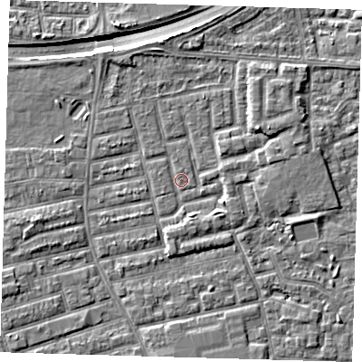 Shaded relief map of the ground around E163RR, computed from Environment Agency LiDAR. The ground here sits at about 2 m above sea level and falls 9 m across the surrounding 800 m. Surface water reaching this point runs off ground lying to the north-west, 1.2 m higher.