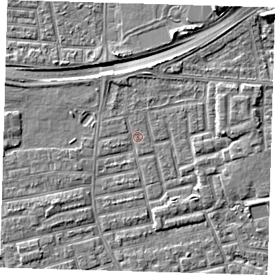 Shaded relief map of the ground around E163RS, computed from Environment Agency LiDAR. The ground here sits at about 2 m above sea level and falls 9 m across the surrounding 800 m. Surface water reaching this point runs off ground lying to the north-west, 1.2 m higher.