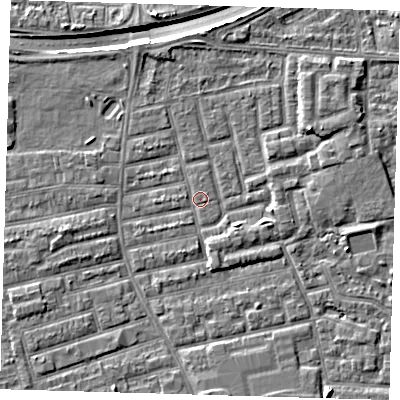 Shaded relief map of the ground around E163RT, computed from Environment Agency LiDAR. The ground here sits at about 2 m above sea level and falls 9 m across the surrounding 800 m. Surface water reaching this point runs off ground lying to the east, 2.1 m higher.