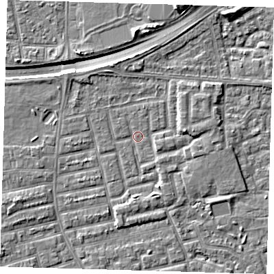 Shaded relief map of the ground around E163RW, computed from Environment Agency LiDAR. The ground here sits at about 2 m above sea level and falls 9 m across the surrounding 800 m. Surface water reaching this point runs off ground lying to the north-west, 0.8 m higher.