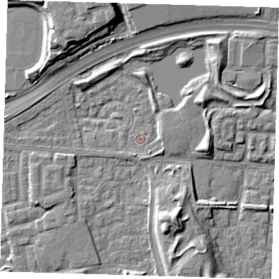 Shaded relief map of the ground around E163RX, computed from Environment Agency LiDAR. The ground here sits at about 1 m above sea level and falls 12 m across the surrounding 800 m. Surface water reaching this point runs off ground lying to the east, 2.6 m higher.