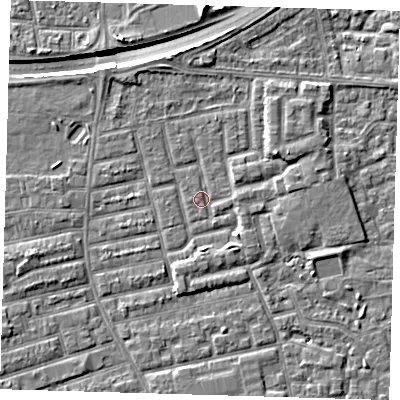 Shaded relief map of the ground around E163RZ, computed from Environment Agency LiDAR. The ground here sits at about 2 m above sea level and falls 9 m across the surrounding 800 m. Surface water reaching this point runs off ground lying to the north-north-west, 0.8 m higher.