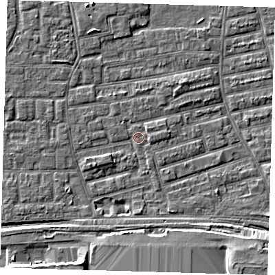 Shaded relief map of the ground around E163SF, computed from Environment Agency LiDAR. The ground here sits at about 1 m above sea level and falls 10 m across the surrounding 800 m. Surface water reaching this point runs off ground lying to the east, 1.3 m higher.