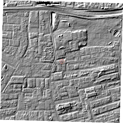 Shaded relief map of the ground around E163SH, computed from Environment Agency LiDAR. The ground here sits at about 2 m above sea level and falls 10 m across the surrounding 800 m. Surface water reaching this point runs off ground lying to the north, 2.0 m higher.