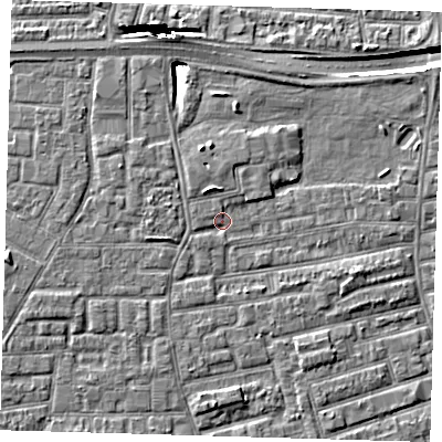 Shaded relief map of the ground around E163SL, computed from Environment Agency LiDAR. The ground here sits at about 2 m above sea level and falls 10 m across the surrounding 800 m. Surface water reaching this point runs off ground lying to the north-north-west, 2.0 m higher.