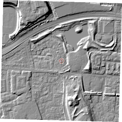 Shaded relief map of the ground around E163SN, computed from Environment Agency LiDAR. The ground here sits at about 1 m above sea level and falls 12 m across the surrounding 800 m. Surface water reaching this point runs off ground lying to the east-south-east, 2.6 m higher.