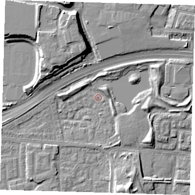 Shaded relief map of the ground around E163SP, computed from Environment Agency LiDAR. The ground here sits at about 1 m above sea level and falls 13 m across the surrounding 800 m. Surface water reaching this point runs off ground lying to the east-south-east, 6.0 m higher.