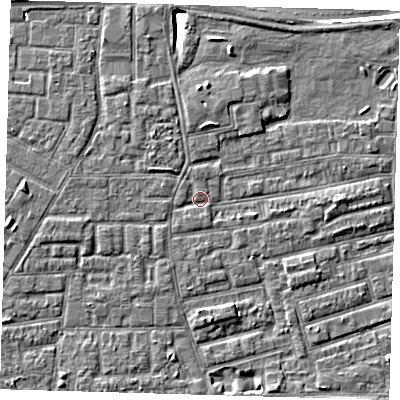 Shaded relief map of the ground around E163SQ, computed from Environment Agency LiDAR. The ground here sits at about 1 m above sea level and falls 9 m across the surrounding 800 m. Surface water reaching this point runs off ground lying to the north-west, 1.5 m higher.
