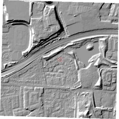 Shaded relief map of the ground around E163SR, computed from Environment Agency LiDAR. The ground here sits at about 1 m above sea level and falls 13 m across the surrounding 800 m. Surface water reaching this point runs off ground lying to the west-south-west, 2.1 m higher.