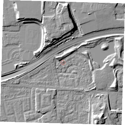 Shaded relief map of the ground around E163SS, computed from Environment Agency LiDAR. The ground here sits at about 1 m above sea level and falls 14 m across the surrounding 800 m. Surface water reaching this point runs off ground lying to the north-west, 3.4 m higher.