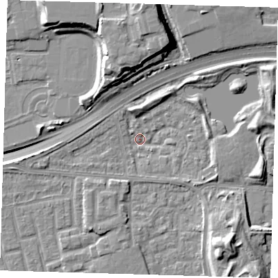 Shaded relief map of the ground around E163ST, computed from Environment Agency LiDAR. The ground here sits at about 0 m above sea level and falls 14 m across the surrounding 800 m. Surface water reaching this point runs off ground lying to the west-south-west, 2.1 m higher.
