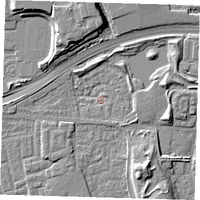 Shaded relief map of the ground around E163SU, computed from Environment Agency LiDAR. The ground here sits at about 0 m above sea level and falls 12 m across the surrounding 800 m. Surface water reaching this point runs off ground lying to the east-north-east, 6.1 m higher.