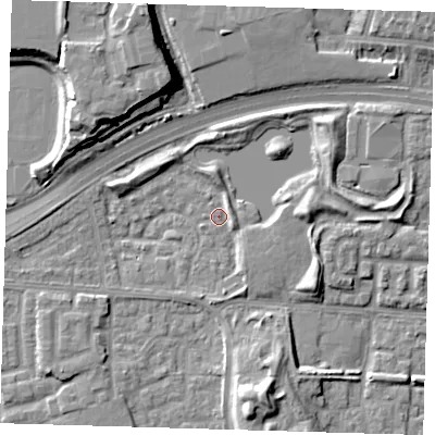 Shaded relief map of the ground around E163SW, computed from Environment Agency LiDAR. The ground here sits at about 1 m above sea level and falls 12 m across the surrounding 800 m. Surface water reaching this point runs off ground lying to the south-south-east, 2.9 m higher.