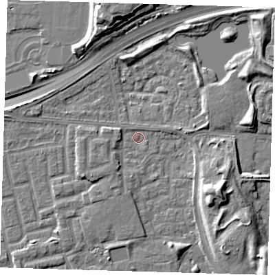 Shaded relief map of the ground around E163SZ, computed from Environment Agency LiDAR. The ground here sits at about 1 m above sea level and falls 12 m across the surrounding 800 m. Surface water reaching this point runs off ground lying to the east-north-east, 6.1 m higher.
