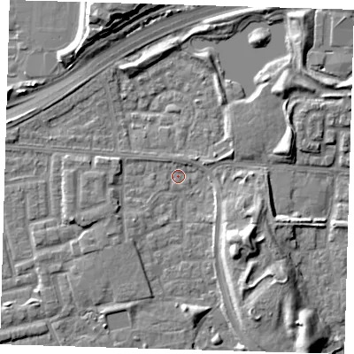 Shaded relief map of the ground around E163TA, computed from Environment Agency LiDAR. The ground here sits at about 1 m above sea level and falls 11 m across the surrounding 800 m. Surface water reaching this point runs off ground lying to the north-east, 6.1 m higher.