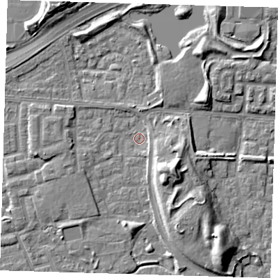 Shaded relief map of the ground around E163TB, computed from Environment Agency LiDAR. The ground here sits at about 1 m above sea level and falls 10 m across the surrounding 800 m. Surface water reaching this point runs off ground lying to the south-east, 7.7 m higher.