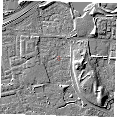 Shaded relief map of the ground around E163TD, computed from Environment Agency LiDAR. The ground here sits at about 1 m above sea level and falls 10 m across the surrounding 800 m. Surface water reaching this point runs off ground lying to the west-south-west, 2.0 m higher.