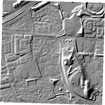 Shaded relief map of the ground around E163TE, computed from Environment Agency LiDAR. The ground here sits at about 1 m above sea level and falls 10 m across the surrounding 800 m. Surface water reaching this point runs off ground lying to the east-south-east, 7.7 m higher.