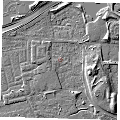 Shaded relief map of the ground around E163TF, computed from Environment Agency LiDAR. The ground here sits at about 1 m above sea level and falls 11 m across the surrounding 800 m. Surface water reaching this point runs off ground lying to the south-west, 2.4 m higher.