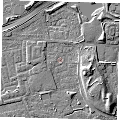 Shaded relief map of the ground around E163TG, computed from Environment Agency LiDAR. The ground here sits at about 1 m above sea level and falls 10 m across the surrounding 800 m. Surface water reaching this point runs off ground lying to the south-west, 2.4 m higher.