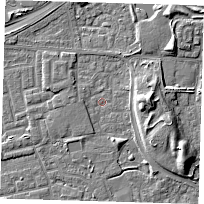 Shaded relief map of the ground around E163TH, computed from Environment Agency LiDAR. The ground here sits at about 1 m above sea level and falls 10 m across the surrounding 800 m. Surface water reaching this point runs off ground lying to the west-south-west, 2.0 m higher.