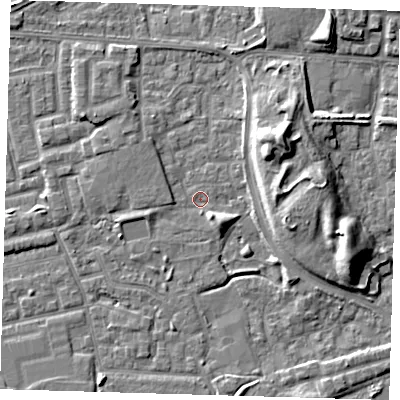 Shaded relief map of the ground around E163TL, computed from Environment Agency LiDAR. The ground here sits at about 1 m above sea level and falls 9 m across the surrounding 800 m. Surface water reaching this point runs off ground lying to the north-east, 8.7 m higher.