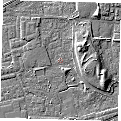 Shaded relief map of the ground around E163TN, computed from Environment Agency LiDAR. The ground here sits at about 1 m above sea level and falls 10 m across the surrounding 800 m. Surface water reaching this point runs off ground lying to the north-east, 8.7 m higher.